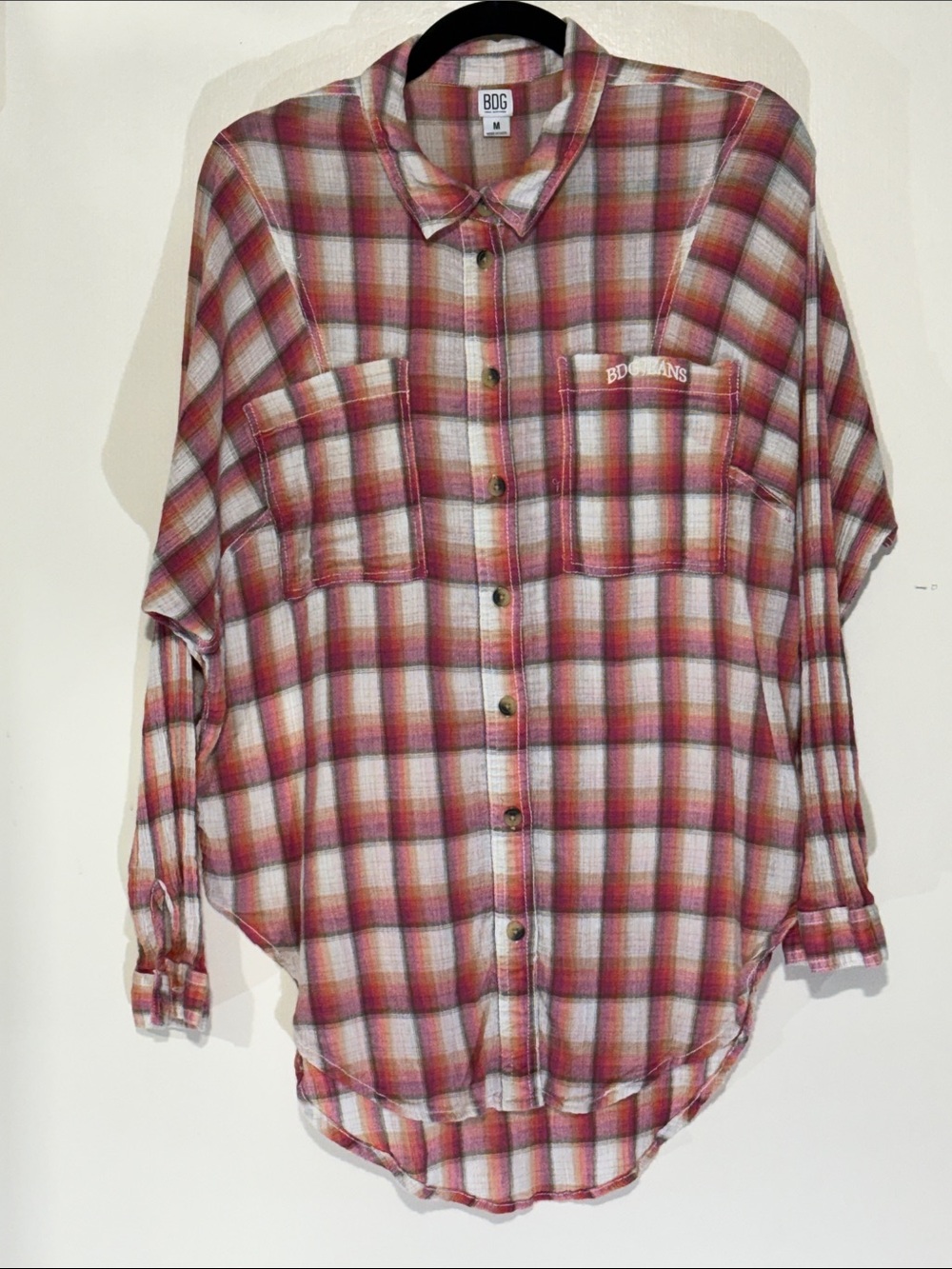BDG Red and White Plaid Button-Down Shirt Cotton Made in India